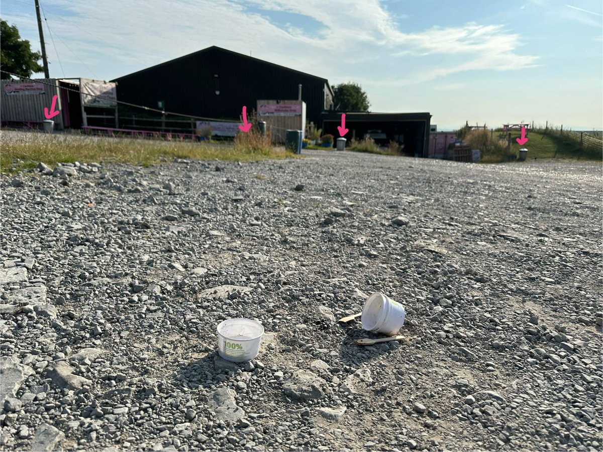 Any advice on how to help customers to want to use the bins ?
3 people had an ice cream tub &amp; all 3 decided not to use any of the 9 bins.
To get to the point they left the ice cream tubs here they went past 18 bins.
The last bin is as you exit the car park.
Carrot not stick 👍🏻