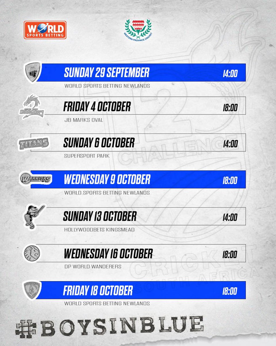 Our #boysinblue kick things off with the CSA T20 Challenge. 7 games, 7 opportunities to go for silverware.

Take a look at the schedule for this year's competition and make sure to mark your calendars for what will be an exciting summer in the Mother City.

#westernprovince