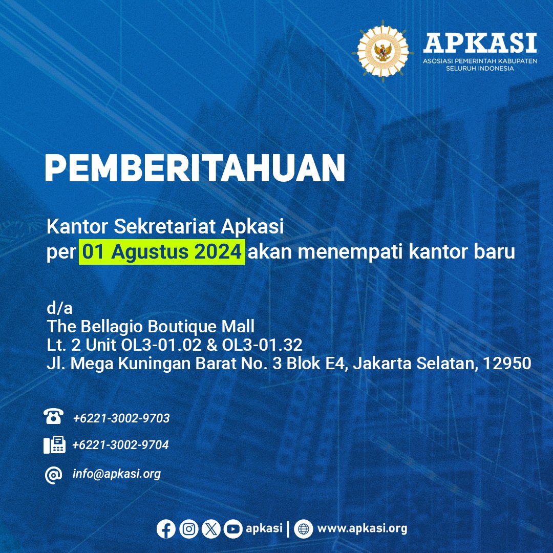 APKASI's tweet photo. 𝐈𝐍𝐅𝐎𝐑𝐌𝐀𝐒𝐈 𝐏𝐄𝐍𝐓𝐈𝐍𝐆

𝐏𝐄𝐌𝐁𝐄𝐑𝐈𝐓𝐀𝐇𝐔𝐀𝐍
𝐊𝐚𝐧𝐭𝐨𝐫 𝐒𝐞𝐤𝐫𝐞𝐭𝐚𝐫𝐢𝐚𝐭 𝐀𝐩𝐤𝐚𝐬𝐢 𝐩𝐞𝐫-𝟏 𝐀𝐠𝐮𝐬𝐭𝐮𝐬 𝟐𝟎𝟐𝟒 𝐚𝐤𝐚𝐧 𝐦𝐞𝐧𝐞𝐦𝐩𝐚𝐭𝐢 𝐊𝐚𝐧𝐭𝐨𝐫 𝐁𝐀𝐑𝐔
#apkasi #kantorbaru #sekretariatapkasi https://t.co/I5SOVqp4ZK