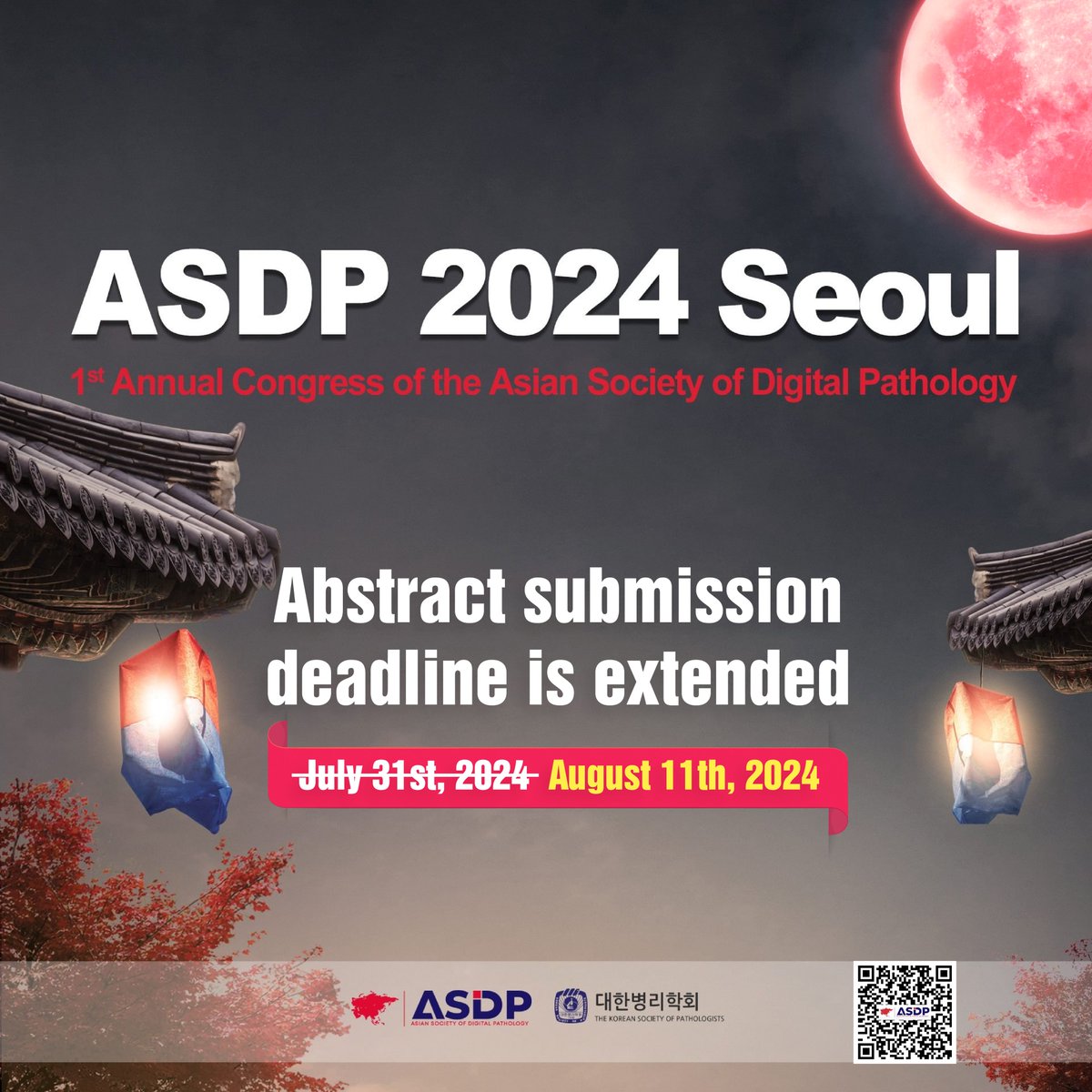 🚀Great news! 

🗓 Abstract submission deadline for #ASDP2024Seoul has been extended to August 11th, 2024! Seize the chance to showcase your innovative research at the First Annual Congress of the Asian Society of Digital Pathology, taking place from October 2-4 in #Seoul, #Korea