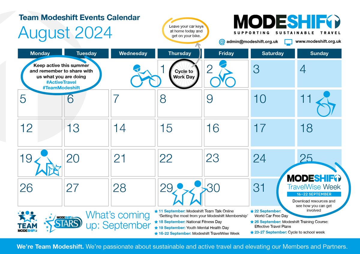 What are your plans for August?  Check out our FREE #TeamModeshift Events Calendar.  

🥁Featuring:

🚴 Cycle to Work Day on 1 August
☀️ Summer #ActiveTravel inspiration
📅 Get planning for #TravelWiseWeek

➡️🔗 modeshift.org.uk/modeshift-news…