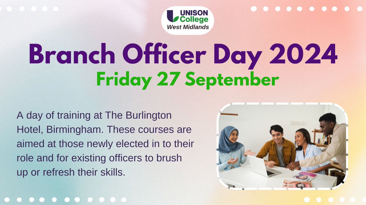 learninunisonwm's tweet photo. #UNISON activists in West Midlands! There is still time to book a place for Branch Officers Training Day 2024!  

Full details can be found here: https://t.co/70hiCJhY6D… https://t.co/ecad5oAH2c