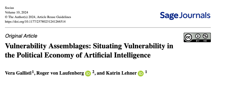 🥳 We had the chance to contribute a paper to a fantastic special issue on the "Sociology of AI" in <a href="/SociusJournal/">Socius: Sociological Research for a Dynamic World</a>. We use learnings from <a href="/algo_care/">AlgoCare</a> to discuss how notions of vulnerability underpin the development of AI for care. Here's the article: journals.sagepub.com/doi/10.1177/23…