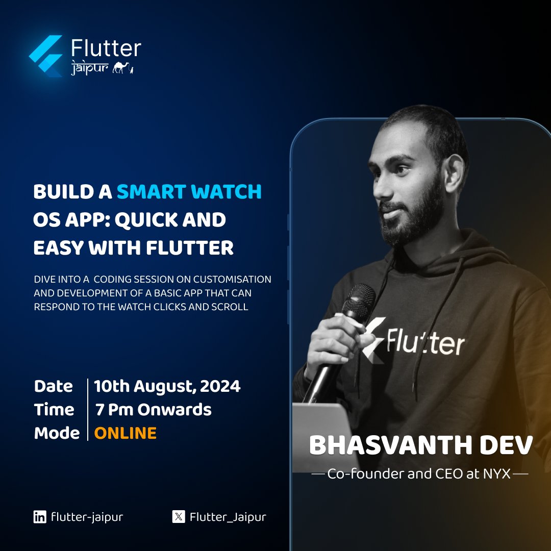 🌟 Join us for an exciting live coding session with Flutter Jaipur where we'll build a cutting-edge wearable app for the  Watch using Flutter and Dart! 🎉

📅 Date: August 10
⏰ Time: 7 PM
Registration 🔗 - meetup.com/flutterjaipur/…

#flutter_jaipur #flutter #app #coding #session