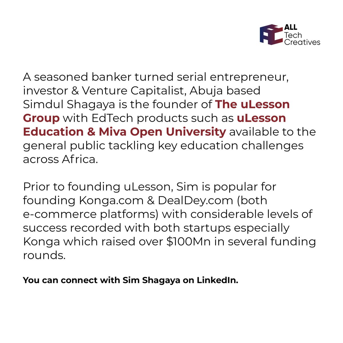TechAbuja's tweet image. 🌟 Founder Spotlight: Sim Shagaya 🌟
The visionary behind some of Africa&apos;s most transformative tech ventures! 🚀 As the founder of Konga and uLesson, He&apos;s reshaping the digital landscape and empowering millions through innovation.💡
#FounderSpotlight #SimShagaya #AllTechCreatives