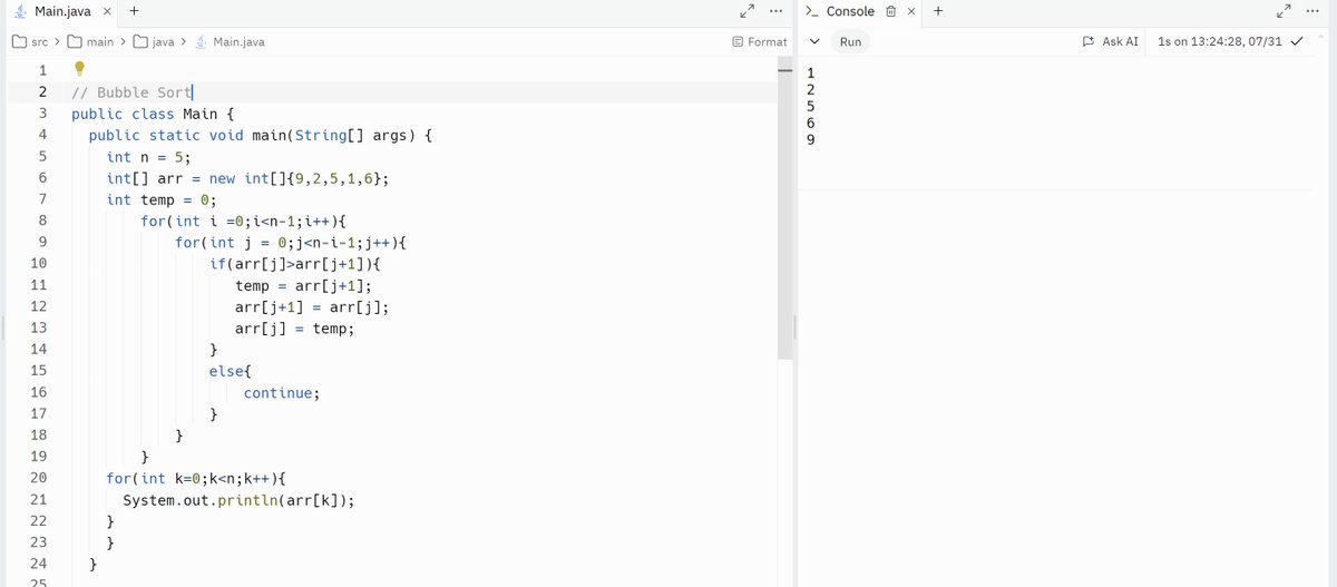 Saksham6484's tweet image. Language of the day #Java
#Day11
Did Bubble Sort Today and was really easy it is basically comparing two elements from the start until we get the biggest element at the last position in the array.
 #DaysOfCoding #dsa2024 #100DaysOfCode #StriversA2Z #Oops
replit.com/@SAKSHAMPATEL1…