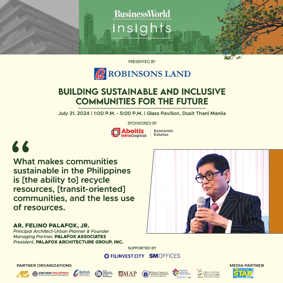 bworldph's tweet photo. Architect Felino Palafox, Jr. of Palafox Architecture Group, Inc. highlights these factors that make communities sustainable in the Philippine context.
#BusinessWorldInsights #SustainableCommunities #UrbanDevelopment #SocialInclusivity #Sustainability https://t.co/V6Bu3KG36i