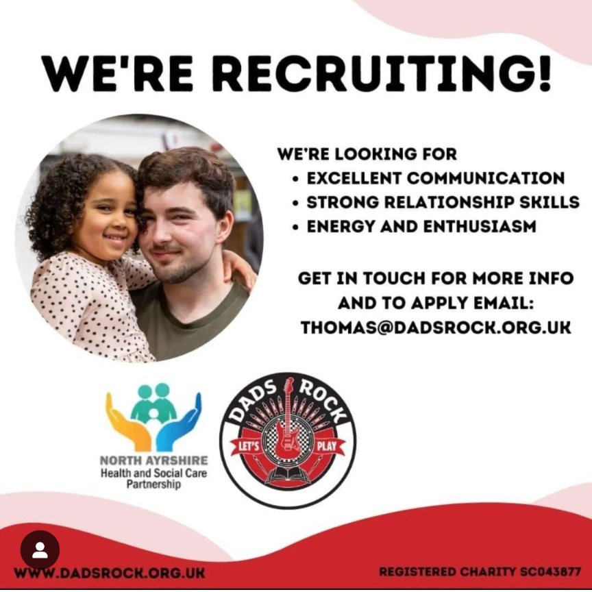 Fantastic News! - We're recruiting.

We're looking for an additional part time Dads Worker to Support Dads, children and families across North Ayrshire. You'll be working alongside our existing Dads Worker, on a 1:1 basis as well as running groups. 

More: dadsrock.org.uk/vacancies