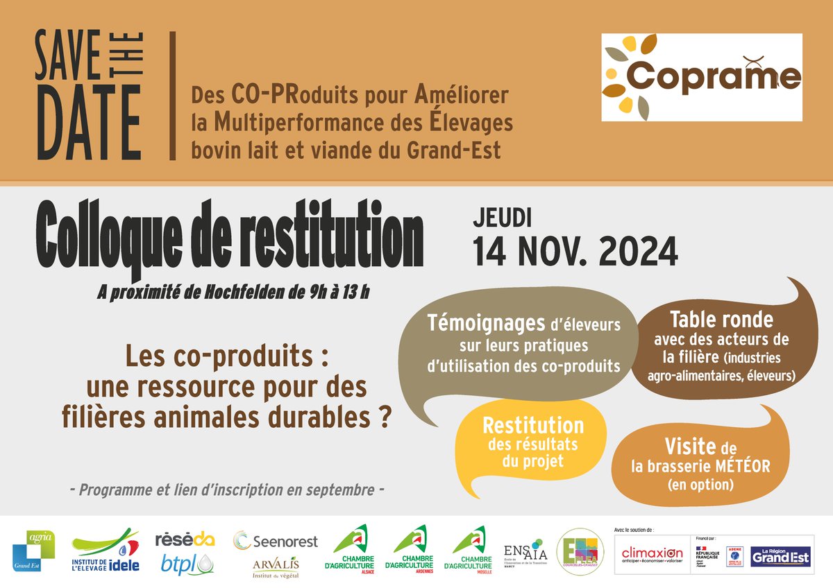 InstitutElevage's tweet image. Prenez Date | Séminaire clôture projet #Coprame
Résultats &amp;amp; échanges autour des co-produits
👉 Plus-values des #coproduits pour les #éleveurs 🐄🐂
👉 Apport des coproduits à l’agriculture de la région : économie circulaire, empreinte carbone...
👉 Concurrences d’usage existantes