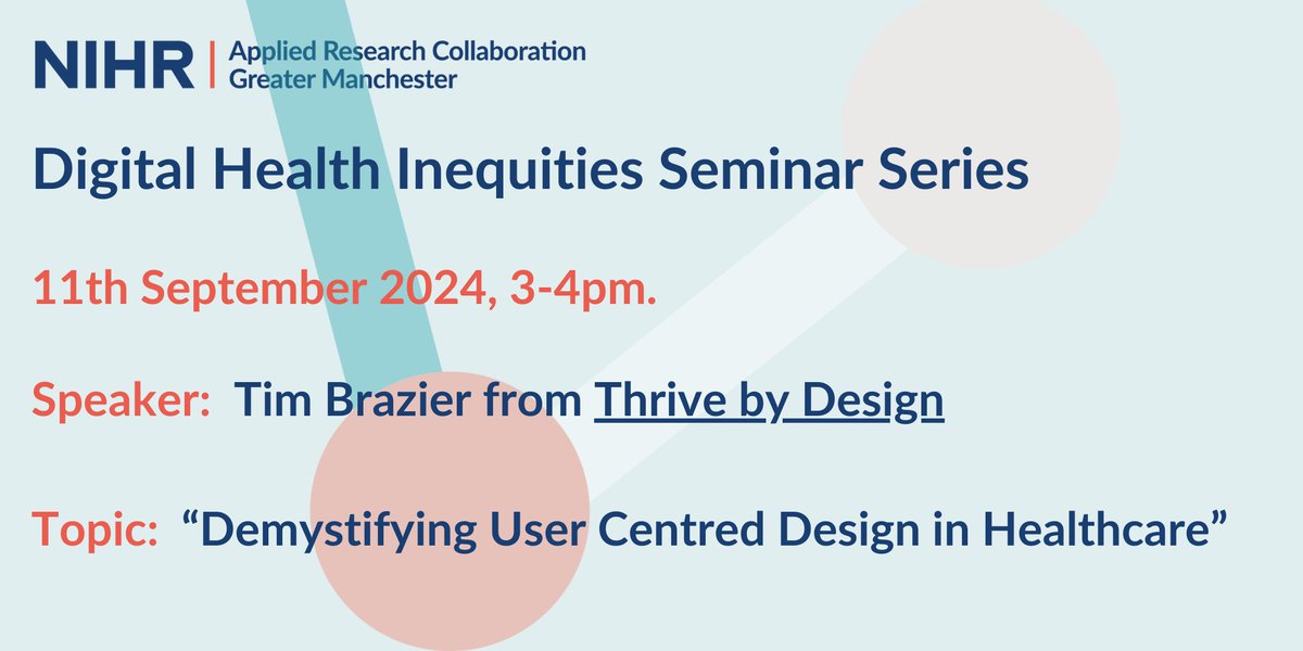 📅  Digital Health Inequities Seminar Series  📅

Join us in September as <a href="/timbrazier/">Tim Brazier</a> from Thrive by Design presents "Demystifying User-Centered Design in Healthcare".

📨 Email digital-inequities@manchester.ac.uk for the Zoom link.     

#healthInequalities #digitalhealth