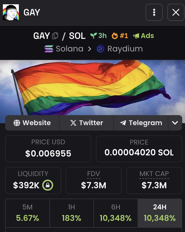 GAY - $GAY <a href="/GayTokenOnSol/">$GAY</a> 🚀

MKT CAP: $1.8M → $7.3M
4x return!

CA: 9mQEkFVqmRJLMPUJT25qriKXi2sH8RiuMBrzLeLupump
x.com/solana_sillybo…