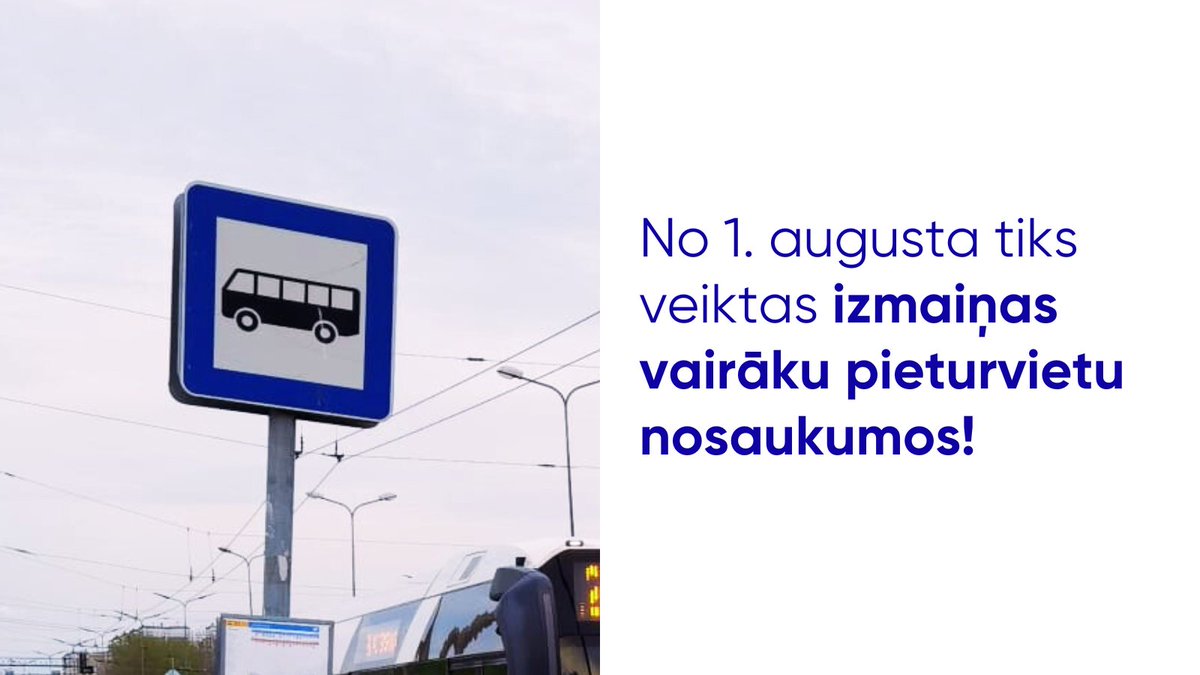 🅿️ Lai uzlabotu iespējas orientēties maršrutu tīklā –  sniegtu precīzāku informāciju par pieturvietu novietojumu un tuvākajā apkārtnē izvietotajiem objektiem, no rītdienas tiks veiktas izmaiņas vairāku pieturvietu nosaukumos Rīgā un Pierīgā.
👉 ej.uz/q6kq