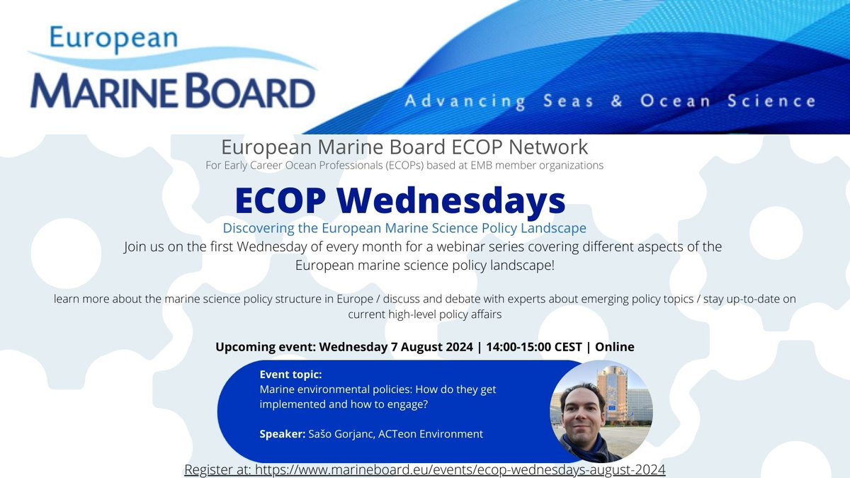 European Marine Board (@emarineboard) on Twitter photo Join us next week for our #ECOPWednesday event featuring Sašo Gorjanc <a href="/SGorjanc/">Dr Sašo Gorjanc</a> from <a href="/ACTeon_Env/">ACTeon Environment</a> who will speak about "Marine environmental policies: How do they get implemented and how to engage". Find out more and register here: marineboard.eu/events/ecop-we… <a href="/EcopsEmb/">EMB ECOPs network</a> Join us next week for our #ECOPWednesday event featuring Sašo Gorjanc <a href="/SGorjanc/">Dr Sašo Gorjanc</a> from <a href="/ACTeon_Env/">ACTeon Environment</a> who will speak about "Marine environmental policies: How do they get implemented and how to engage". Find out more and register here: marineboard.eu/events/ecop-we… <a href="/EcopsEmb/">EMB ECOPs network</a>