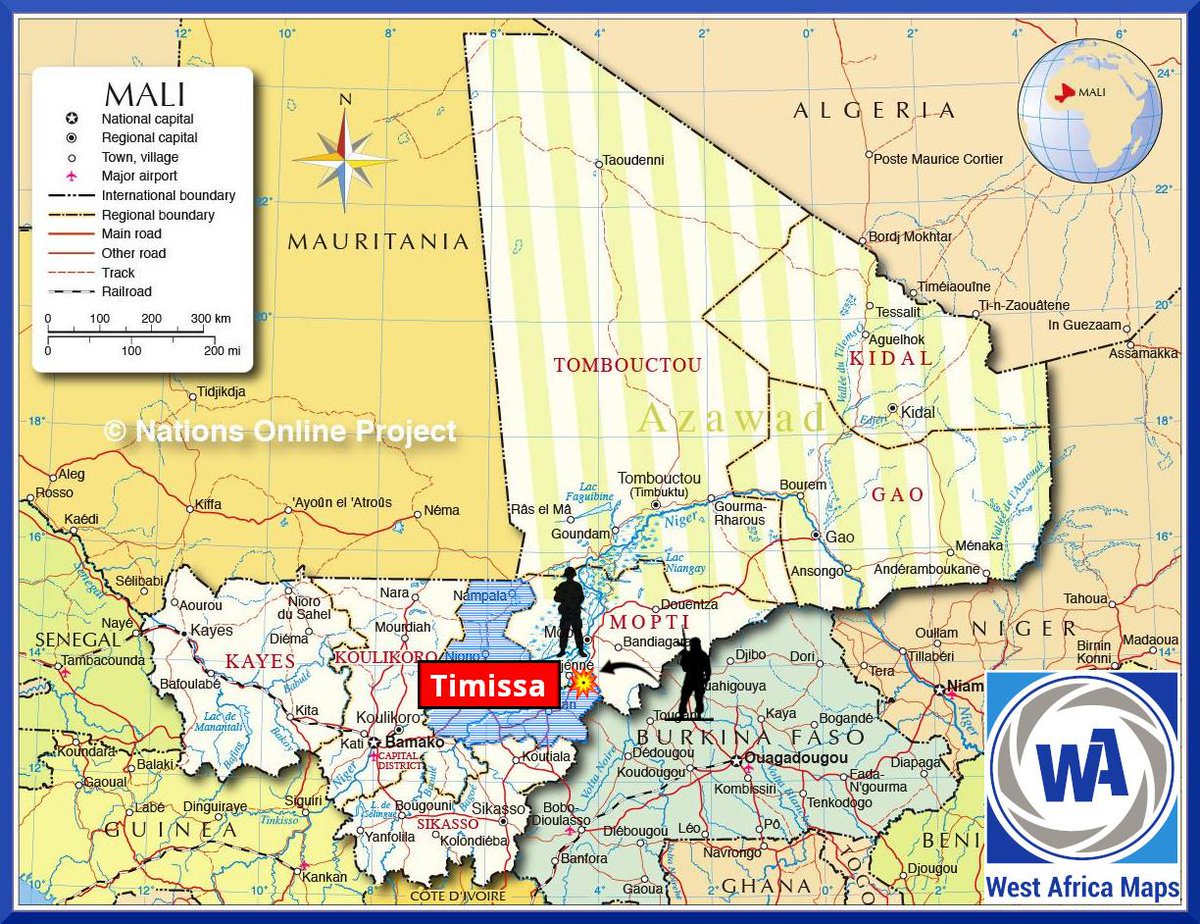Wamaps_news's tweet photo. #Mali 🇲🇱 | Le 29/07, des terroristes de la Katiba Macina (#JNIM) ont attaqué le camp militaire de #Timissa (#Segou).
🔹 Des terroristes à bord d'une quinzaine de motos ont rapidement fait irruption à proximité du camp. Après un violent affrontement avec les forces maliennes (#Gendarmerie et #FAMa), le camp est passé temporairement sous le contrôle des terroristes.
🔴 Le bilan provisoire fait état du décès de 4 #FDS et 1 chasseur Dozo. Plusieurs blessés sont dénombrés.
🔵 Des armes et un véhicule ont été emportés par les terroristes. Deux autres véhicules ont été brûlés.
⚠️ Le lieutenant de la gendarmerie Habib Camara, chef du camp de #Timissa et ancien aide de camp du président #IBK, a perdu la vie durant l'attaque. Il s'agit de l'attaque la plus meurtrière qu'a connu le camp depuis sa création en 2018.
⚠️ 4 chasseurs dozos avaient déjà été tués dans une précédente attaque à 10km au sud de #Timissa (#Tondaga) le 23/06.