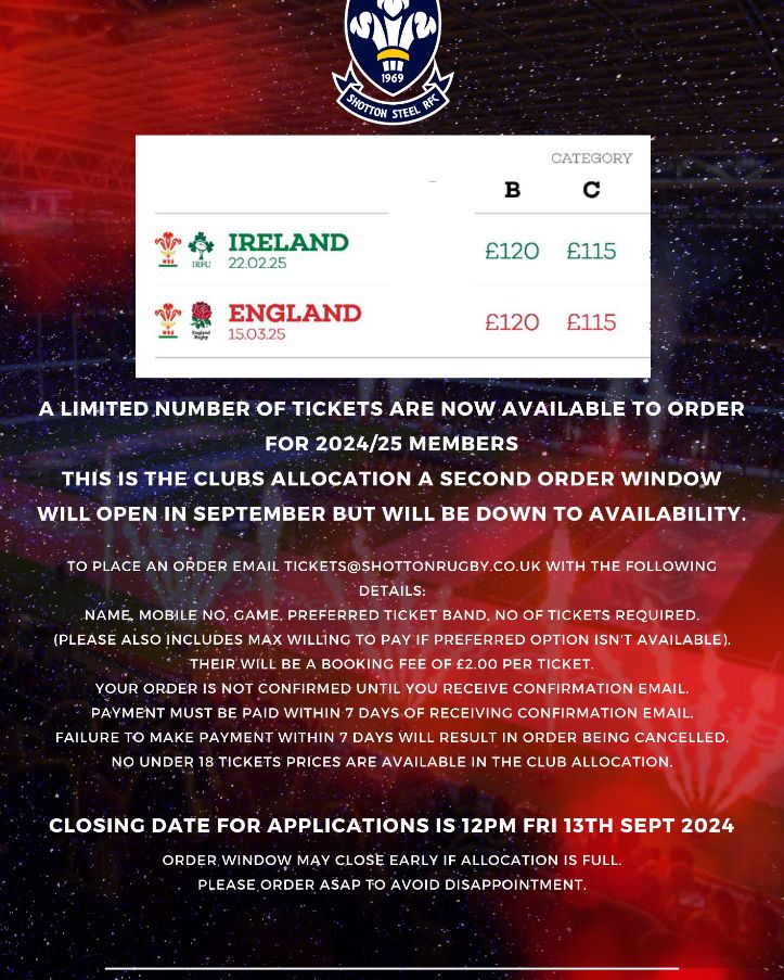 Ticket applications are now open for Wales home 6 nations games. Club members only. This is the clubs initial allocation so numbers are limited and unfortunately only full price tickets are available.