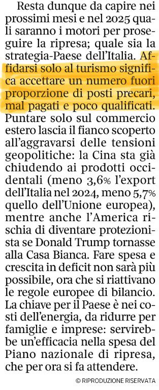 Leggo sul Corriere che lo sviluppo del turismo genera un numero fuori proporzione di posti precari, mal pagati e poco qualificati.

Secondo me, la realtà è più complessa.

200k imprese, 1,8 mln lavoratori e 100 mld di consumi non meritano di essere liquidati con questa battuta.