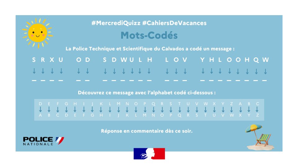 PoliceNat14's tweet image. #MercrediQuizz | ☀ Tout l&apos;été, jouez et apprenez-en plus sur la @PoliceNationale

👮‍♀️👮 Aujourd&apos;hui la Police Technique et Scientifique du Calvados a codé un message. #CahiersDeVacances

🔎 Découvrez le message avec l&apos;alphabet codé.
❓ Quel est-il ? Que signifie-t-il ?