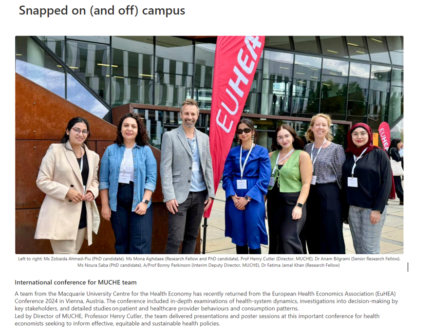 MUCHE_Macquarie's tweet photo. MUCHE Researchers were featured in Macquarie University's 'Snapped On and Off Campus' for their attendance at the European Health Economics Association (EuHEA) Conference 2024 in Vienna, Austria @AIHI_MQ https://t.co/h3t6k9v4yg