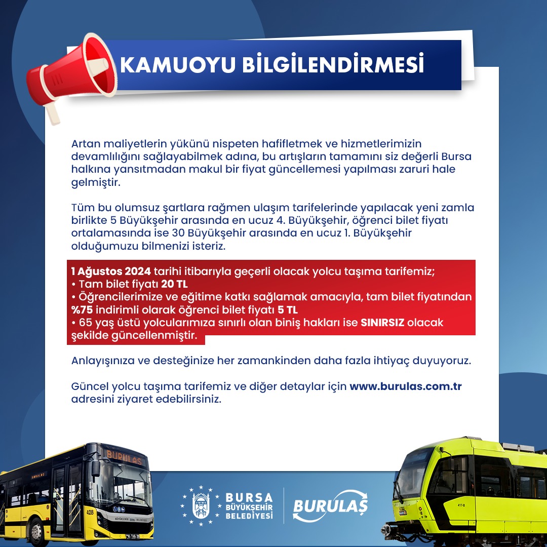 Toplu Ulaşım Tarife Değişikliği Hakkında Kamuoyu Bilgilendirmesi.