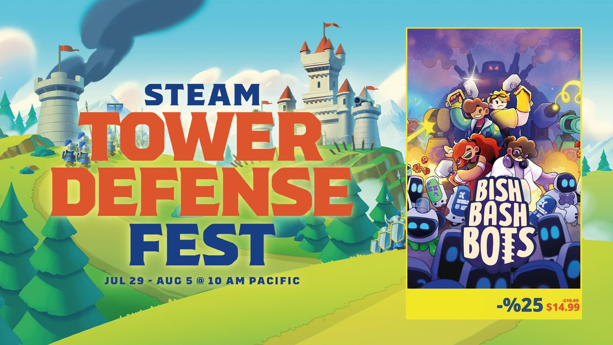 Bish Bash Bots is 25% off in the Tower Defense Fest over on Steam until August 5th! Perfect time to build those towers and bash some bots: store.steampowered.com/app/1424860/Bi…

#SteamFest #TowerDefense