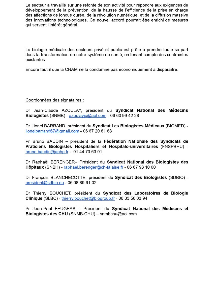 Les syndicats de biologie médicale privés et publics tirent la sonnette d’alarme face à la menace de disparition d’une partie importante du réseau de biologie médicale en France
👉 urlr.me/nWjGF

<a href="/SyndicatDBio/">Syndicat des biologistes - SDBio</a> 
@lesnbh 
<a href="/SNMBCHU/">SNMBCHU</a> 
SLBC
FNSPBHU
SNMB