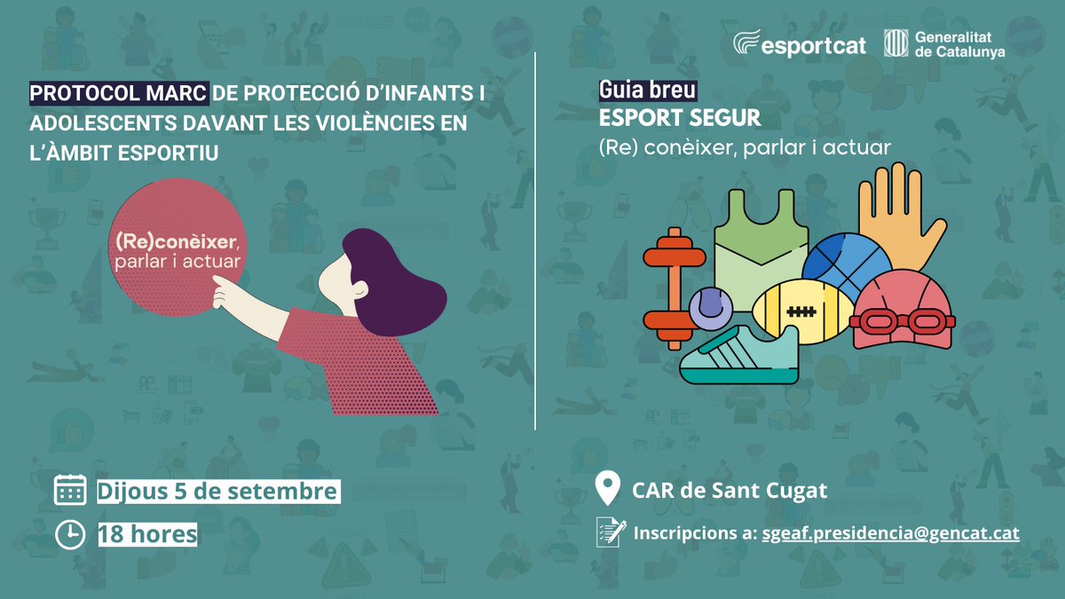 📅GUARDA'T EL DIA! | Noves eines per al sector.

👉Apunta't a la presentació del PROTOCOL MARC de protecció d'infants i adolescents davant les violències en l'àmbit esportiu i la GUIA BREU. Esport segur.

📍5 de setembre
📩Correu a: sgeaf.presidencia@gencat.cat 

➕ℹ️👇