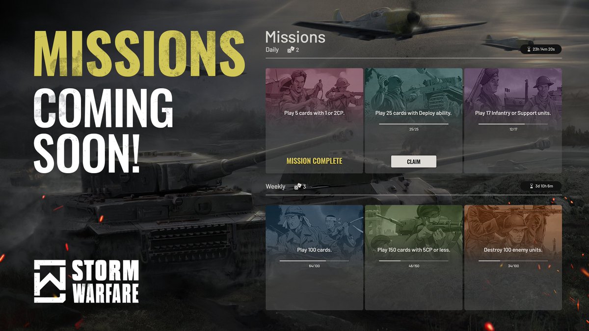 StormWarfare's tweet image. 🌟 Coming Soon: Missions and Account Progression! 🌟

Prepare for new challenges with our upcoming Missions feature! Complete tasks like deploying units or securing victories to earn rewards and experience points. Don't miss out on weekly and daily missions to accelerate your…