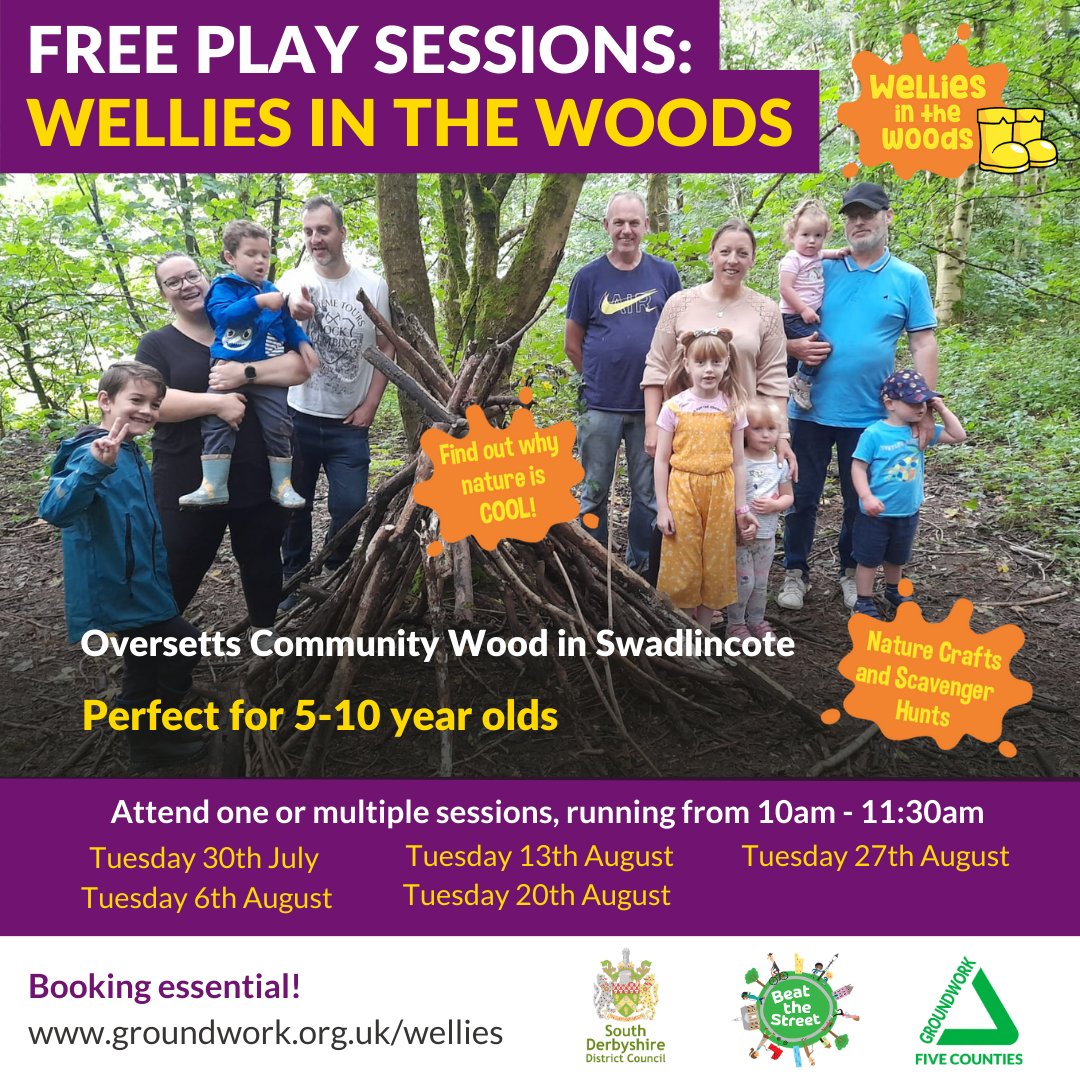 FREE play sessions for children aged 5 - 10 years old! Children and their grown-ups will be able to make new friends and get creative, exploring nature and creatures great and small! Make sure to book here: forms.office.com/e/PGPdNJEfgY 🌳 @SDDC <a href="/Groundwork_GWFC/">Groundwork Five Counties</a>  <a href="/ActiveSDerbys/">Active South Derbys</a>