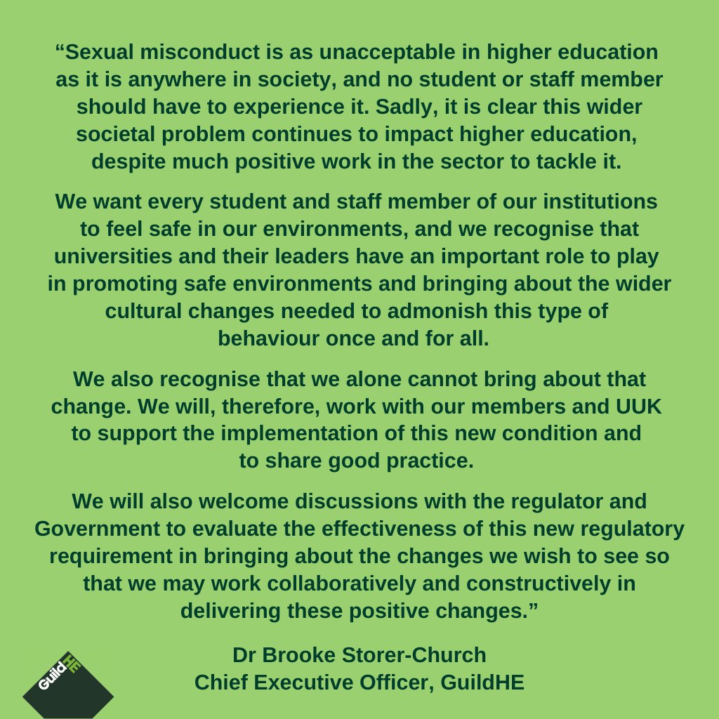 Today the OfS <a href="/officestudents/">The Office for Students (OfS)</a> publish a new condition of registration for tackling harassment and sexual misconduct in English higher education 📄 officeforstudents.org.uk/news-blog-and-…

Dr Brooke Storer-Church, Chief Executive Officer <a href="/GuildHE/">GuildHE</a> responds ⬇️