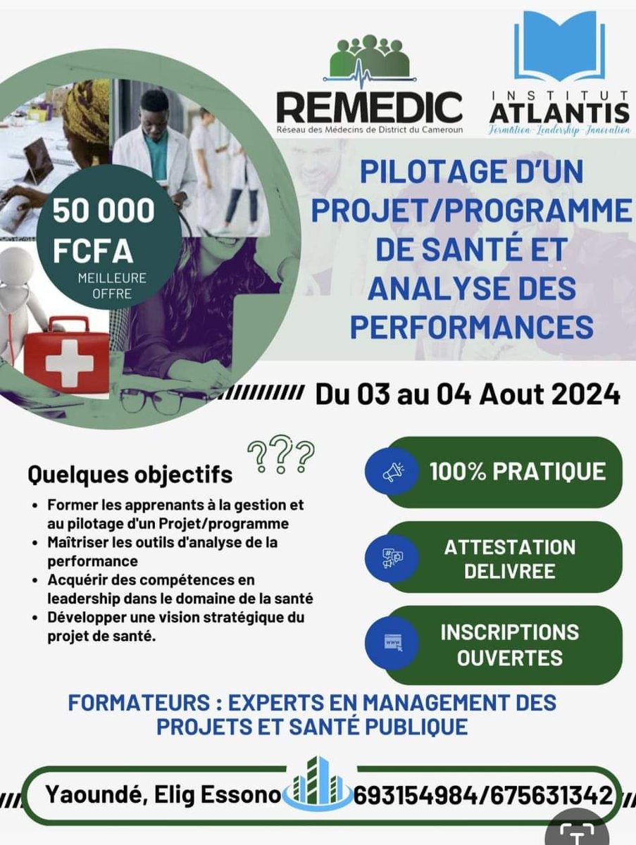 ninobiwan's tweet photo. Bonjour très cher(e)

Plus que 24h pour confirmer votre participation à la formation 100% pratique sur le *pilotage d'un projet/programme de santé et analyse des performances*, qui se tiendra ce samedi et dimanche à Yaoundé

Infoline: 693154984 /675631342 https://t.co/ot6FQkSW4Y