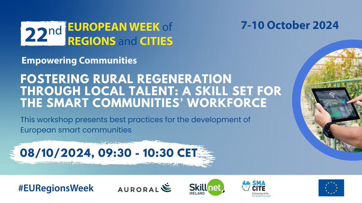 Join our workshop on best practices for developing EU smart communities! Discover insights from EU-funded projects and partnerships focused on rural regeneration and local workforce skills.

Save your spot 👇
regions-and-cities.europa.eu/programme/2024…

#SmartCommunities #RuralRegeneration
