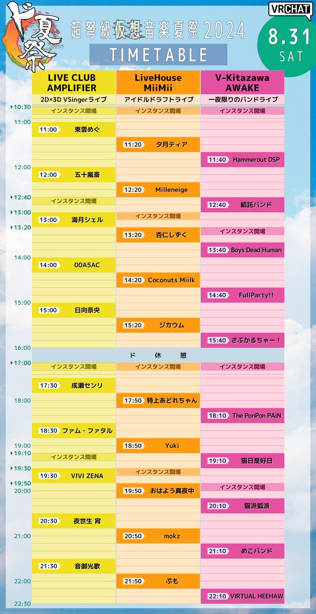 donatsusai's tweet photo. ＼＼\ タイムテーブル発表🎉 /／／
2024年8月31日(土)開催 超弩級仮想音楽祭2024（ #ド夏祭2024 ）
タイムテーブルの発表です🥳
イベントは各ライブハウス（@CLUB_AMPLIFIER / @LivehouseMiiMii / @AWAKEVRC）のGroupインスタンスにて開催します✨
#VRChat #ド夏祭2024 https://t.co/lPMueboI1l
