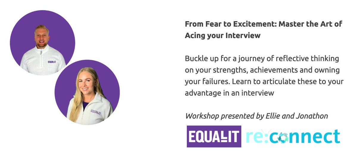 Attending re:connect conference on Aug 14th in Poole? Join our Co-Founders' workshop: 'From Fear to Excitement: Master the Art of Acing Your Interview' Reflect on your strengths, achievements, and failures. Learn strategies to overcome nerves and ace your interview!#Reconnect2024