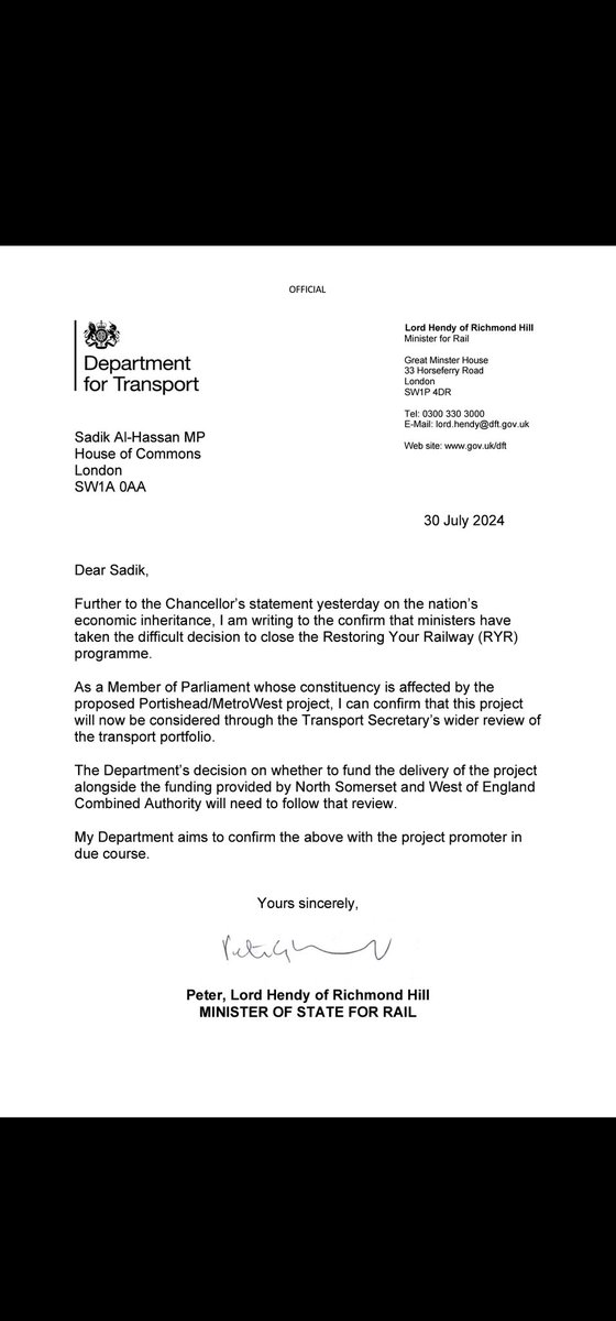 Sadik Al-Hassan MP 🌹 (@sadik4pharmacy) on Twitter photo Thankful to my colleague <a href="/LordPeterHendy/">Lord Peter Hendy</a>, Minister for Rail, for confirming that despite the £22bn black hole we have inherited from the last Government, the Portishead and Pill railway re-opening is not now listed as one of the cancelled projects. Thankful to my colleague <a href="/LordPeterHendy/">Lord Peter Hendy</a>, Minister for Rail, for confirming that despite the £22bn black hole we have inherited from the last Government, the Portishead and Pill railway re-opening is not now listed as one of the cancelled projects.