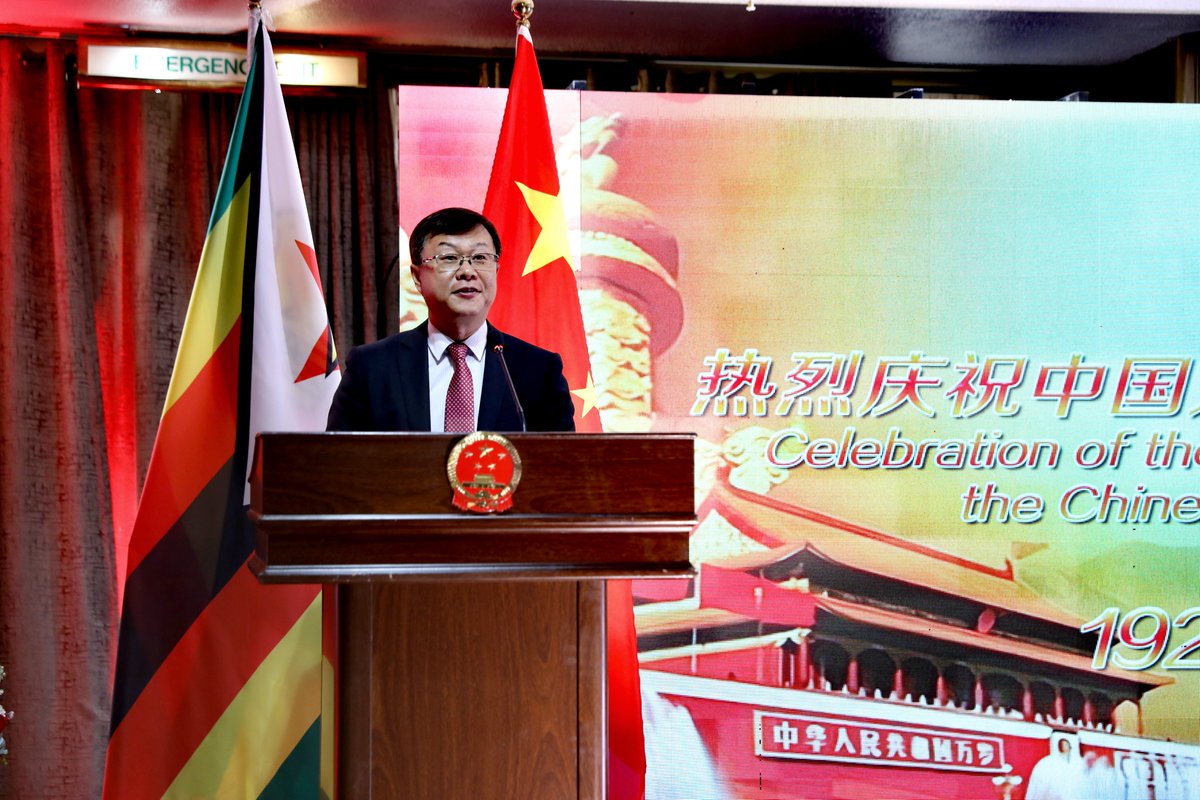 ChineseZimbabwe's tweet photo. Ambassador Zhou Ding and Defense Attaché Wang Zhenyu were joined by Hon. Deputy Minister Levi Mayihlome representing Hon. Minister of Defense Oppah Muchinguri, senior  government officials and friends at the reception of the 97th anniversary of the Chinese People's Liberation Army (PLA). 

Recalling the longstanding friendship between our two countries and two militaries since Zimbabwe's liberation struggle, both sides expressed commitment to further cooperate in safeguarding our own  sovereignties, national interests and world peace. Our special thanks go to the Zimbabwe National Army Band for the breathtaking performance.