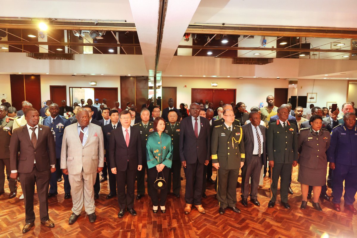 ChineseZimbabwe's tweet photo. Ambassador Zhou Ding and Defense Attaché Wang Zhenyu were joined by Hon. Deputy Minister Levi Mayihlome representing Hon. Minister of Defense Oppah Muchinguri, senior  government officials and friends at the reception of the 97th anniversary of the Chinese People's Liberation Army (PLA). 

Recalling the longstanding friendship between our two countries and two militaries since Zimbabwe's liberation struggle, both sides expressed commitment to further cooperate in safeguarding our own  sovereignties, national interests and world peace. Our special thanks go to the Zimbabwe National Army Band for the breathtaking performance.