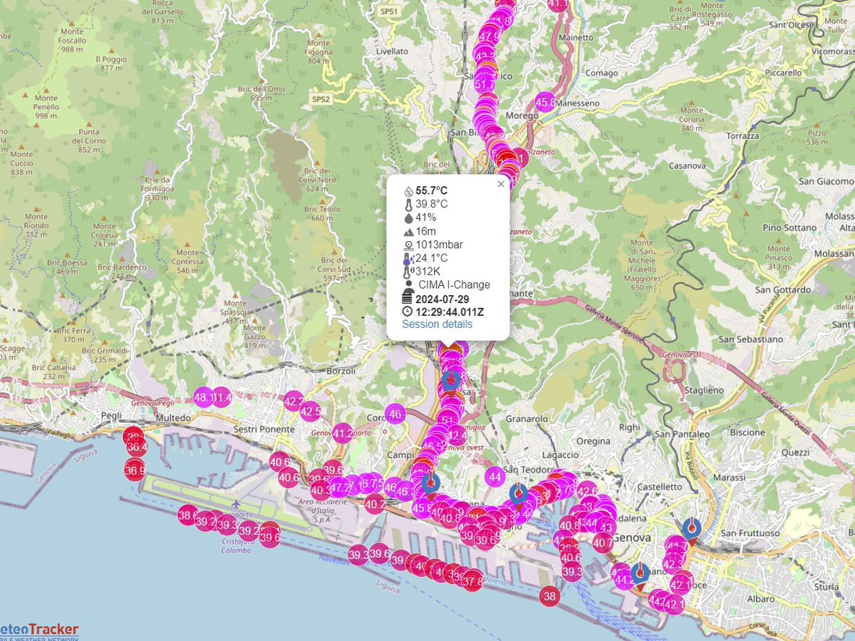 CIMAFoundation's tweet image. 🌡️Extreme heat in #Genoa: the Functional Center weather station recorded a temperature of 32.9°C on July 29, while @MeteoTracker sensors apparent temperatures up to 55,7°C! The data is the result of high temperatures and humidity contents associated with the African #heatwave.