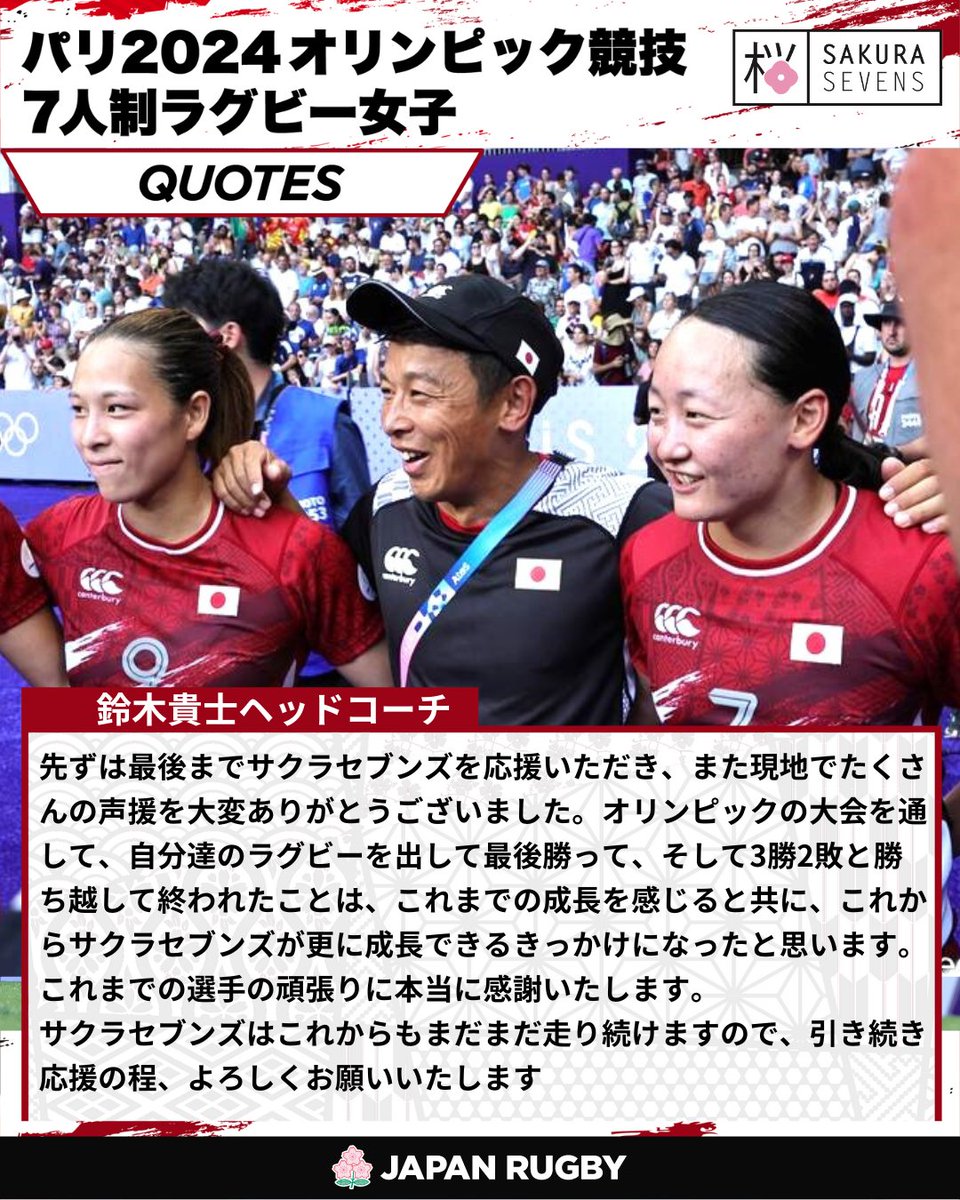 JRFUMedia's tweet image. 🇫🇷パリ2024オリンピックを終えて🏉

🌸サクラセブンズへのご声援、誠にありがとうございました

大会を終えての選手12名それぞれの今の思いは💬 rugby-japan.jp/news/52783

#TEAMJAPAN
#Paris2024  
#sakurasevens