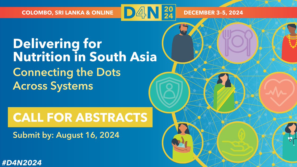 Agriculture, Nutrition & Health Academy (@anh_academy) on Twitter photo Do you work w/ nutrition research in #SouthAsia?
Join us at the #D4N2024 conference in Sri Lanka & online this December!🍲💻
<a href="/IFPRISAO/">IFPRI South Asia</a>, <a href="/CGIAR/">CGIAR</a>, & other co-hosts are inviting abstracts 📄 on research & implementation experiences.
🗓️ Apply by 16 Aug!
southasia.ifpri.info/delivering-for… Do you work w/ nutrition research in #SouthAsia?
Join us at the #D4N2024 conference in Sri Lanka & online this December!🍲💻
<a href="/IFPRISAO/">IFPRI South Asia</a>, <a href="/CGIAR/">CGIAR</a>, & other co-hosts are inviting abstracts 📄 on research & implementation experiences.
🗓️ Apply by 16 Aug!
southasia.ifpri.info/delivering-for…