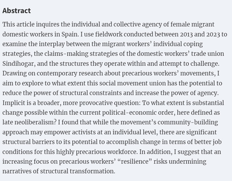 🚨New Publication!

🗞️Struggle, Exit, “Resilience”—or How Precarious Workers Cope with Late Neoliberalism. Individual and Collective Agency of Female Migrant Domestic Workers in Spain

✍️<a href="/ZeniaHellgren/">Zenia Hellgren</a>
Check this out👇
academic.oup.com/ips/article-ab…