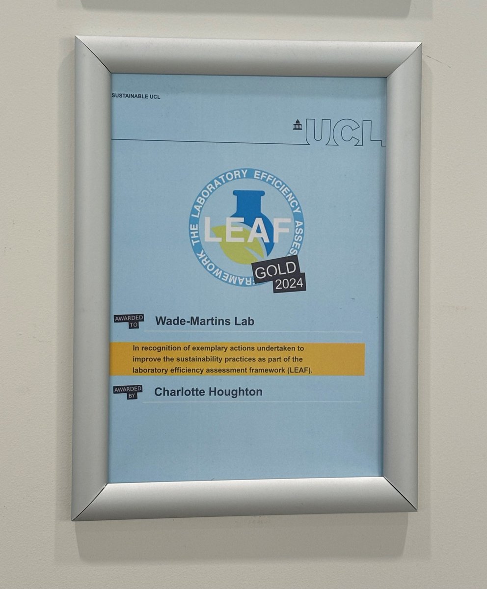 Congratulations to the team for the successful renewal of its Laboratory Efficiency Assessment Framework (LEAF) Gold award in recognition of its sustainable practices. Our certificate is now proudly displayed. Special mention to @FeodoraBerther1 for leading us through the process