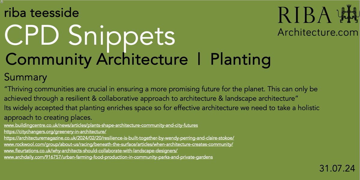 RibaTees's tweet image. #CPDSnippets this week looks at #CommunityArchitecture & #Planting
links
buildingcentre.co.uk/news/articles/…
citychangers.org/greenery-in-ar…
architecturemagazine.co.uk/2024/02/20/res…
rockwool.com/group/about-us…
fleurtations.co.uk/why-architects…
archdaily.com/916757/urban-f…
@RIBANorthEast @RIBA @YAPF @RIBAYorkshire #architecture #CPD