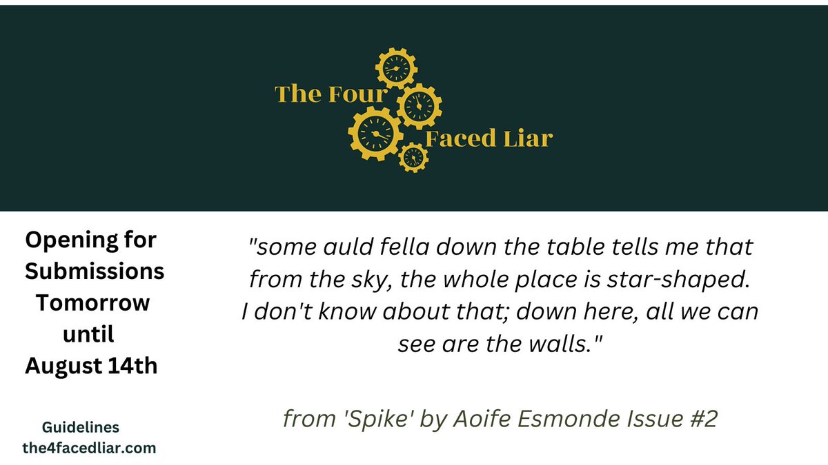 The Four Faced Liar (@the4facedliar) on Twitter photo Opening tomorrow! Our submission window runs until August 14th. the4facedliar.com/submissions <a href="/MunLitCentre/">Munster Literature Centre</a> <a href="/PENIreland/">Irish PEN</a> <a href="/IrishWritersCtr/">Irish Writers Centre</a> <a href="/poetryireland/">Poetry Ireland / Éigse Éireann</a> <a href="/writing_ie/">writing.ie</a> Opening tomorrow! Our submission window runs until August 14th. the4facedliar.com/submissions <a href="/MunLitCentre/">Munster Literature Centre</a> <a href="/PENIreland/">Irish PEN</a> <a href="/IrishWritersCtr/">Irish Writers Centre</a> <a href="/poetryireland/">Poetry Ireland / Éigse Éireann</a> <a href="/writing_ie/">writing.ie</a>