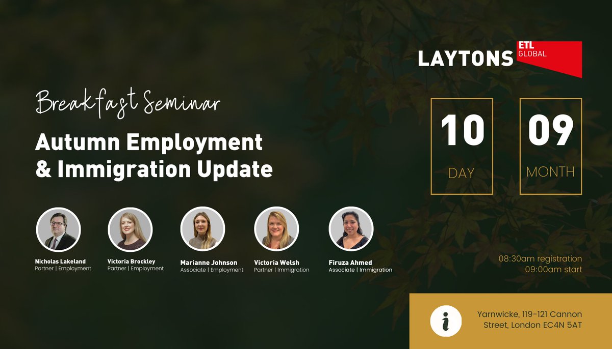Our Employment and Immigration departments will be hosting an insightful breakfast seminar 💭
 
🗓️ Tuesday 10th September
🕒 09:00 
📍 London, EC4N 5AT
 
Register your attendance here! lnkd.in/eZxsZFQg
 
#londonlegal #employmentlaw #employment #immigrationlaw #immigration