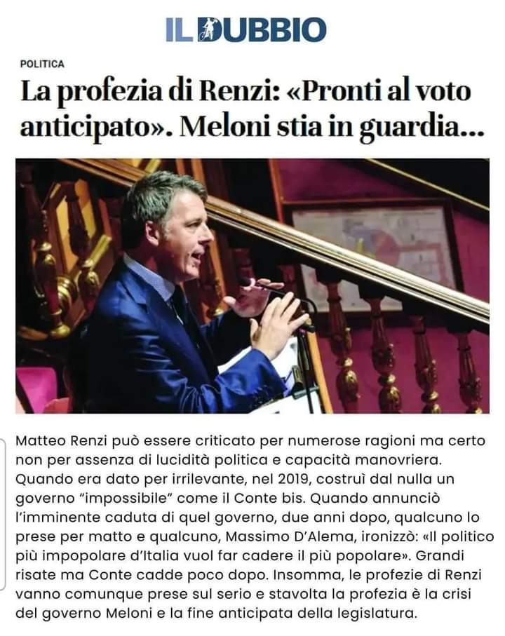 Una cosa non riesco a capire....quando c' è di mezzo Renzi, sia nel bene che nel male.....si sottolinea sempre che ha tanti difetti....ma è un profeta ! 
Noi desideriamo un Politico lungimirante e intelligente .Renzi di queste qualità ne ha in abbondanza !