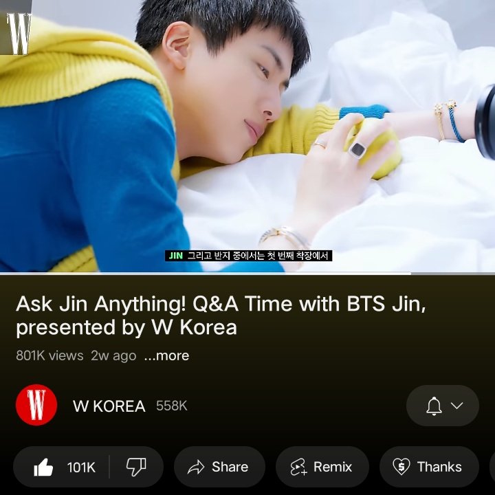 theJINPRlNT's tweet image. &apos;Ask Jin Anything! Q&amp;amp;A Time with BTS #JIN&apos; presented by W Korea has now surpassed 800k views! 

Watch here if you haven&apos;t yet: youtu.be/d7JIqFUPYjg?si…