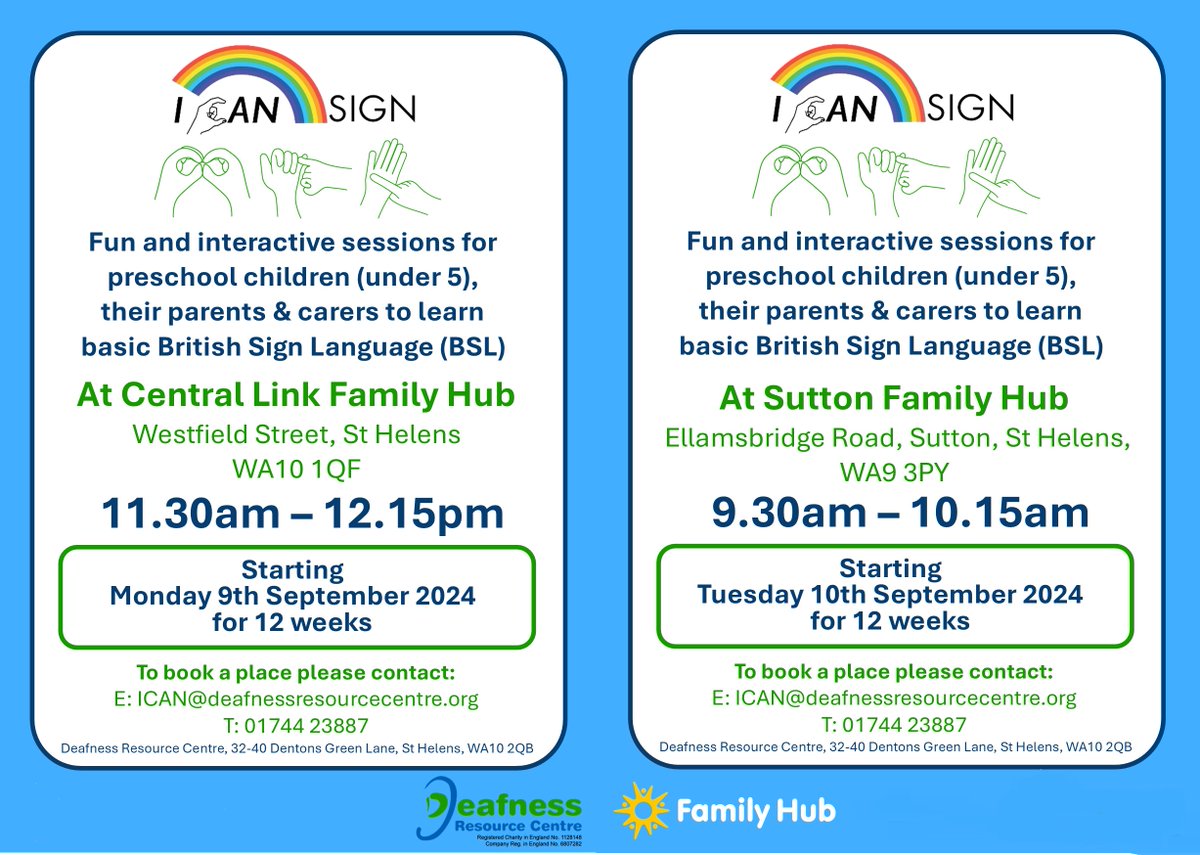 Deafness Resource Centre (@drcsthelens) on Twitter photo We have 2 new ICAN Sign sessions beginning in September with <a href="/STHFamilyHubs/">St Helens Family Hubs</a> at Central Link Family Hub & Newton Family Hub for an extended 12 weeks! See posters for details ⬇️
If you would like to book places please email:
ICAN@deafnessresourcecentre.org We have 2 new ICAN Sign sessions beginning in September with <a href="/STHFamilyHubs/">St Helens Family Hubs</a> at Central Link Family Hub & Newton Family Hub for an extended 12 weeks! See posters for details ⬇️
If you would like to book places please email:
ICAN@deafnessresourcecentre.org