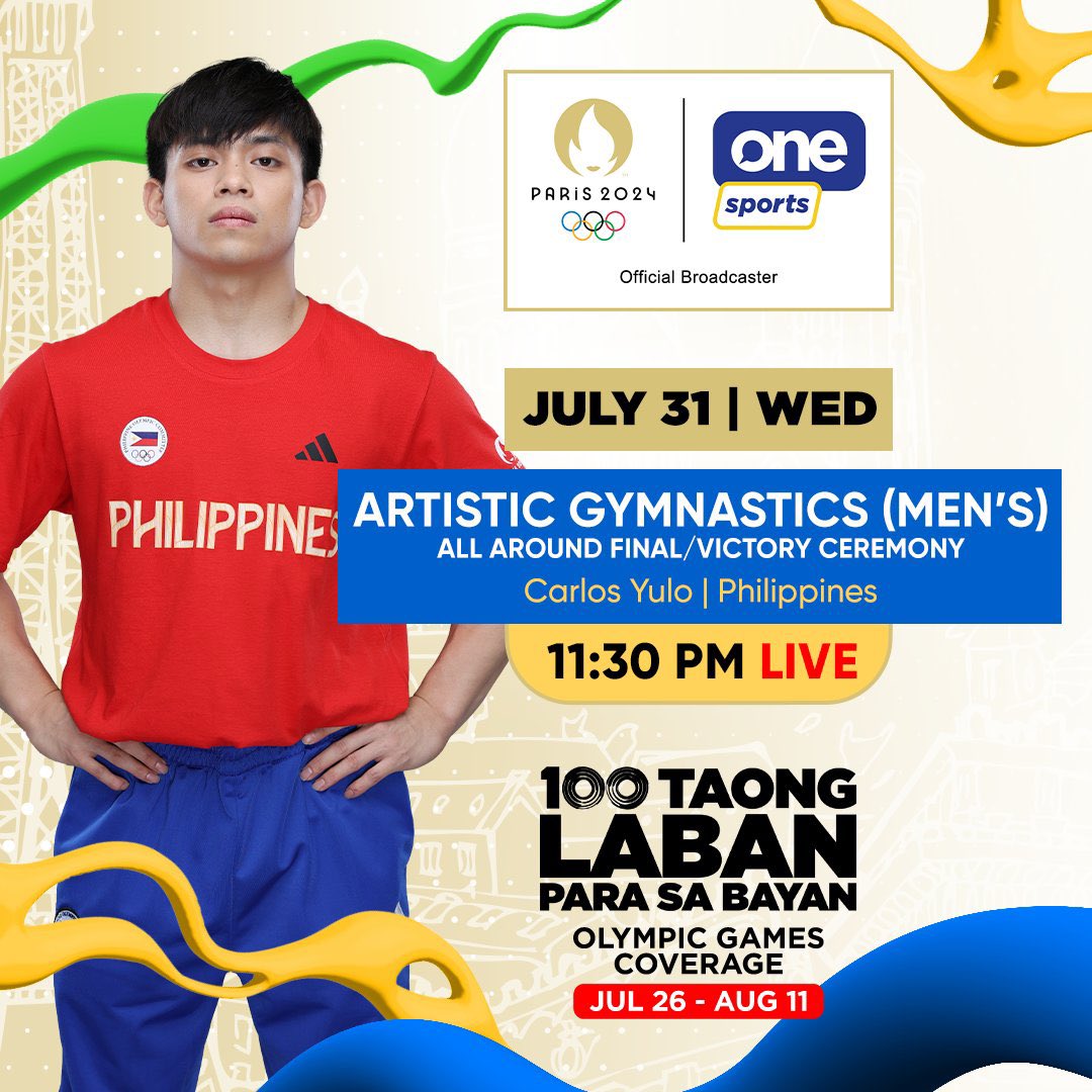 OneSportsPHL's tweet photo. ALL OUT REDEMPTION 🇵🇭

Witness Filipino gymnast Carlos Yulo as he showcases his talents in the final round of the artistic gymnastics floor exercise, vault, and all-around event at #Paris2024 .

#OlympicGames  #100TaongLaban #ParaSaBayan https://t.co/ezn4Vu6qSM