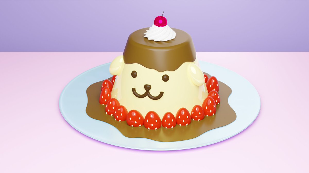 RLStead's tweet photo. A Pompompurin pudding I made in #Blender 🍮🍓 #pompompurin #hellokitty #3d #3dart #cute #kawaii #pudding #fanart #sanrio https://t.co/oyxG2kTLjT