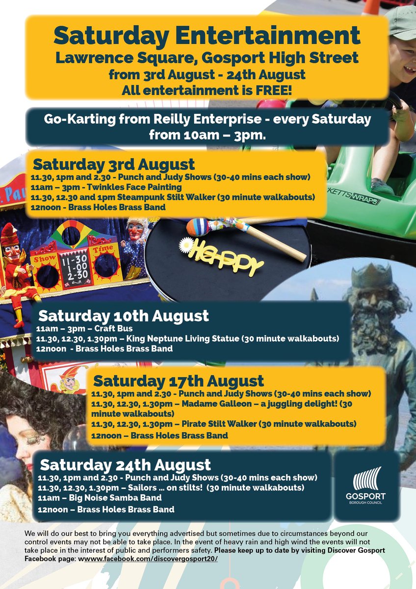 It's all going on in Gosport High Street/Lawrence Square over four Saturdays in August!

3rd, 10th, 17th and 24th.

Come on down - it's all FREE!